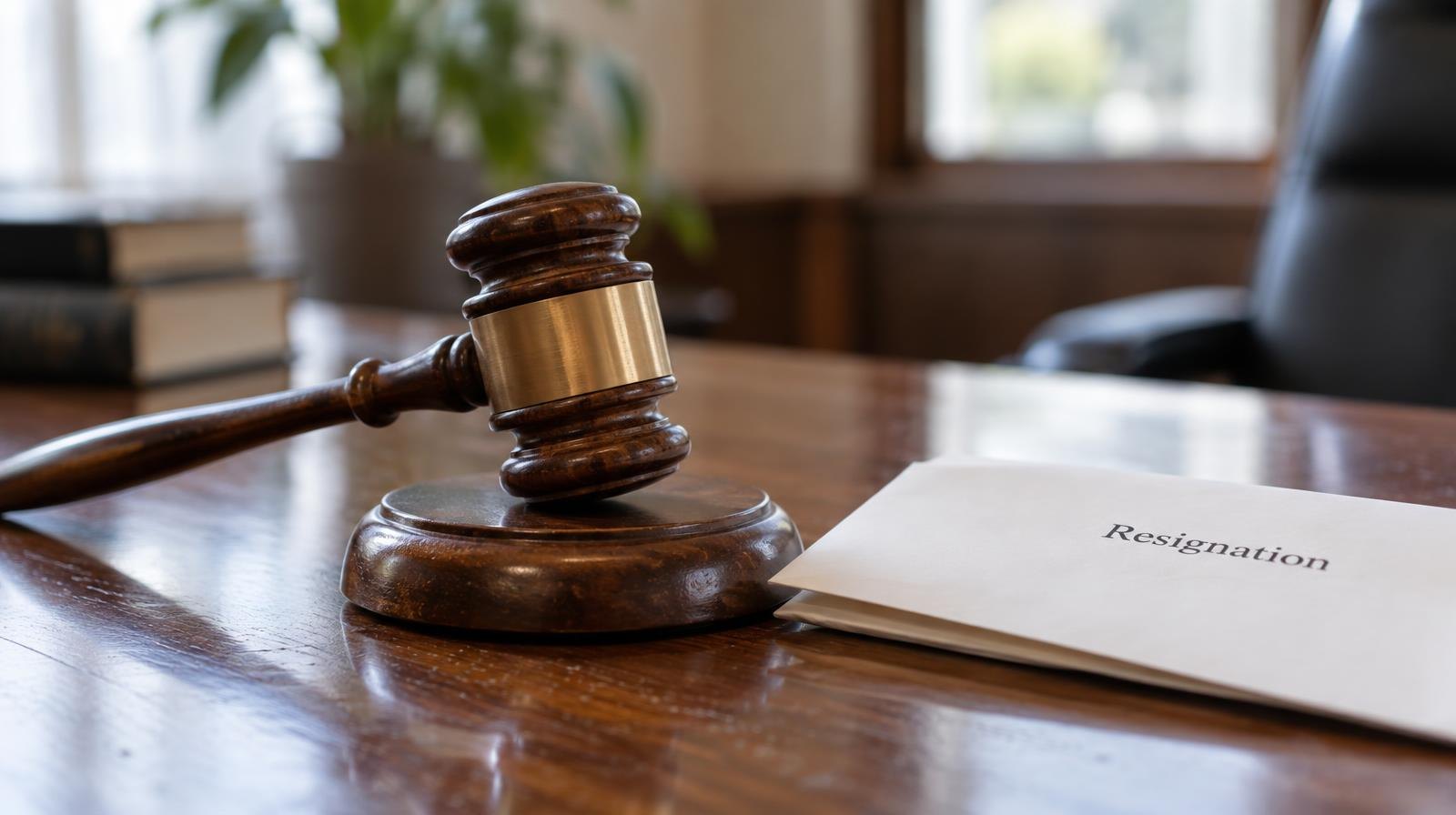 Wooden gavel resting on its sound block on a polished table.