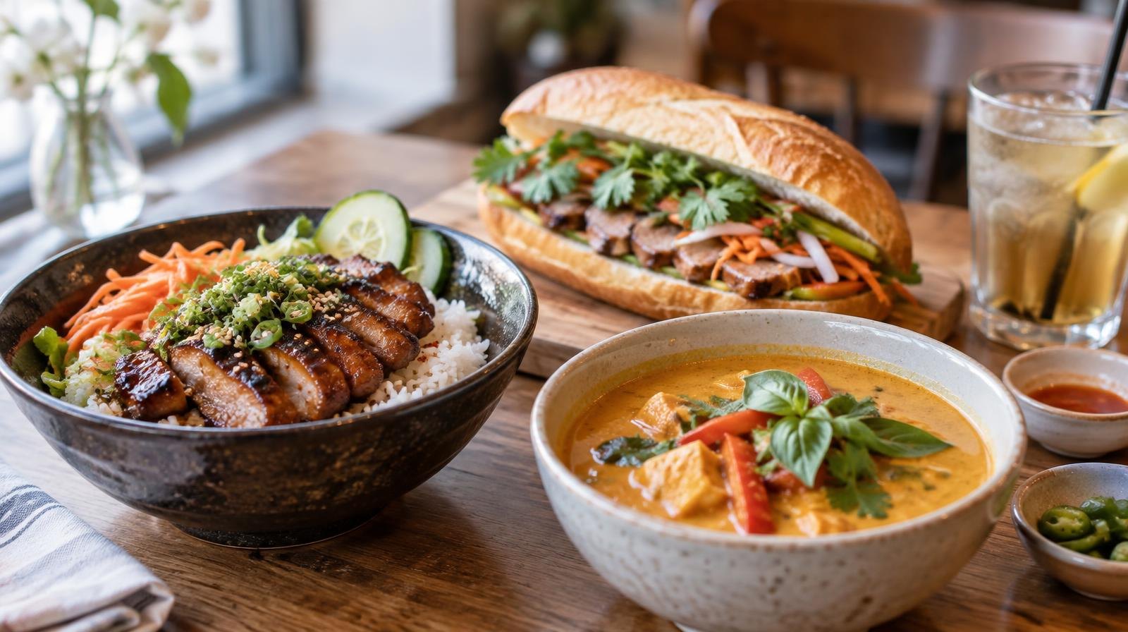 Assorted Asian dishes including a rice bowl, sandwich, and curry on a wooden table.