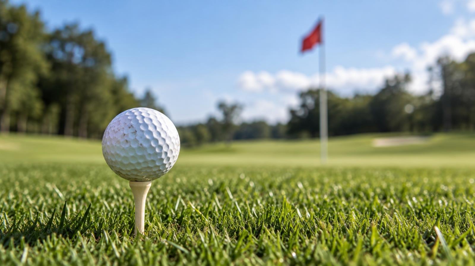 A white golf ball on a tee on a lush green fairway with a flagged hole in the distance.
