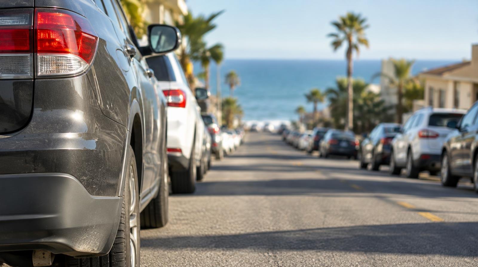 Narrow residential street with cars parked along both curbs on a sunny day.