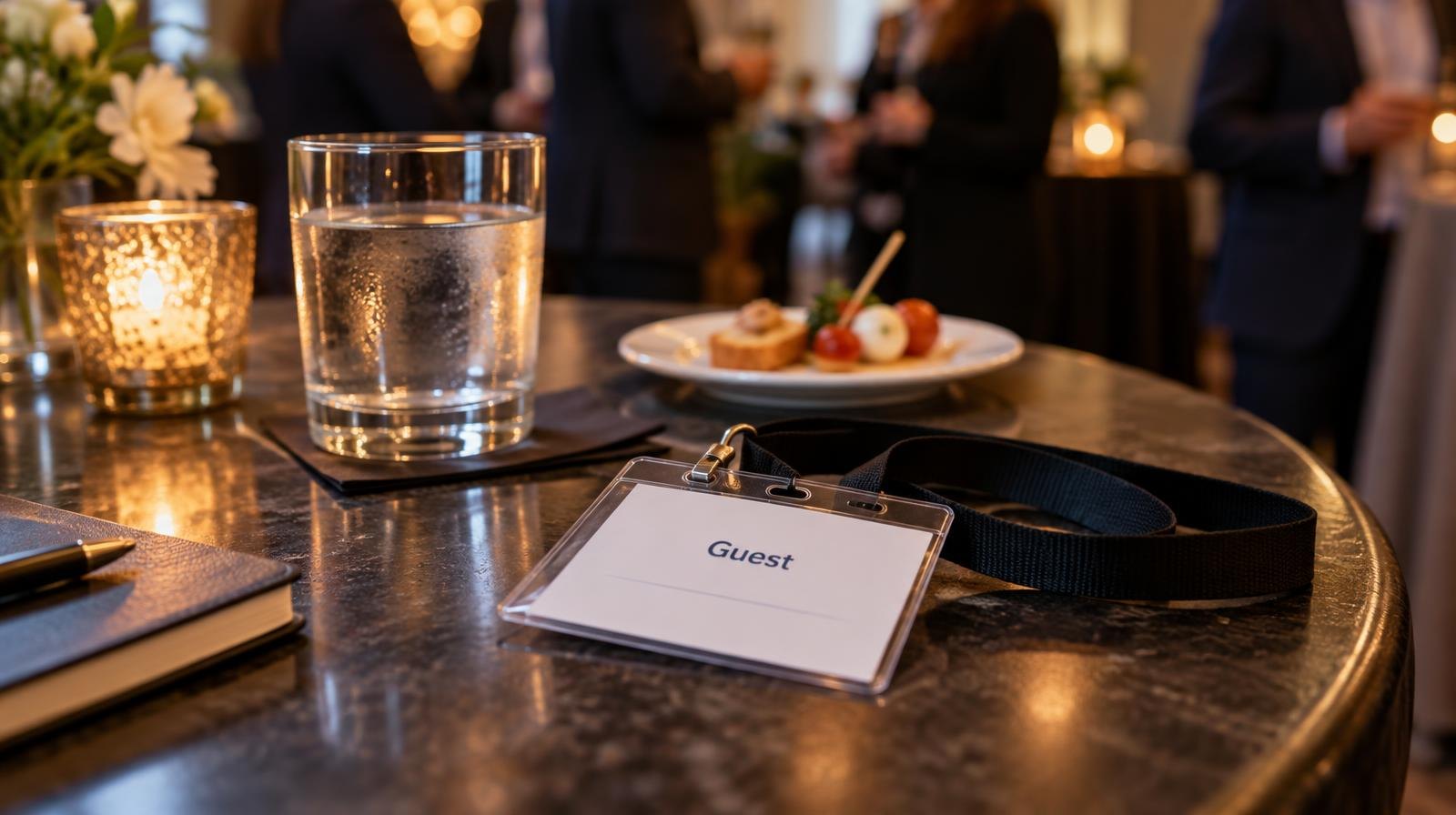 A name tag badge on a lanyard beside a glass of water and a small plate of appetizers on a table.