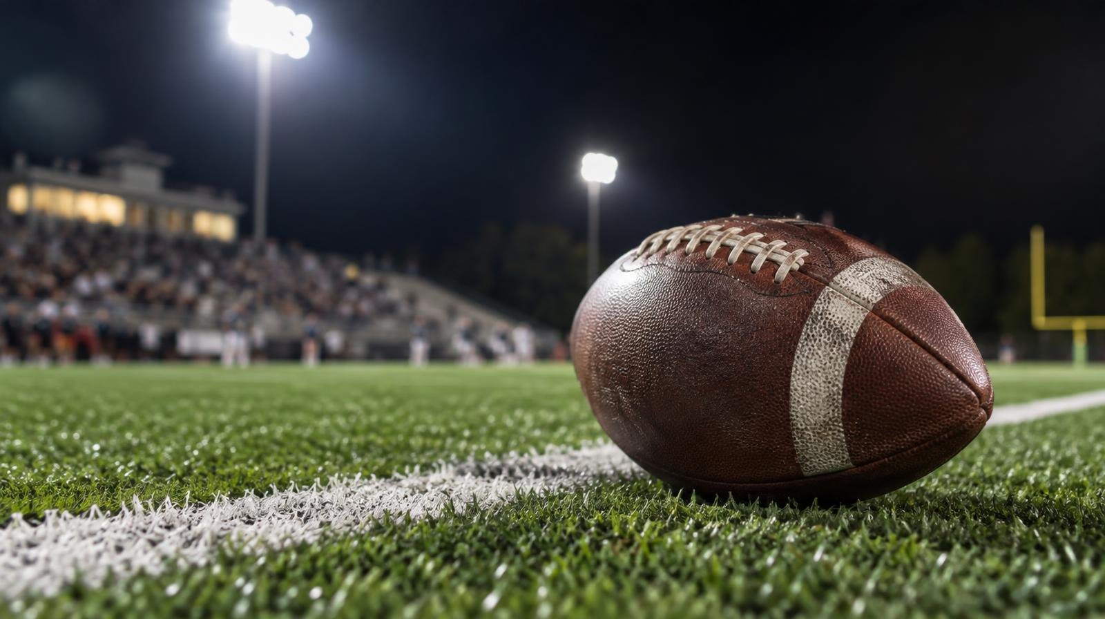 An American football resting on green artificial turf beside a white yard line under stadium lights.