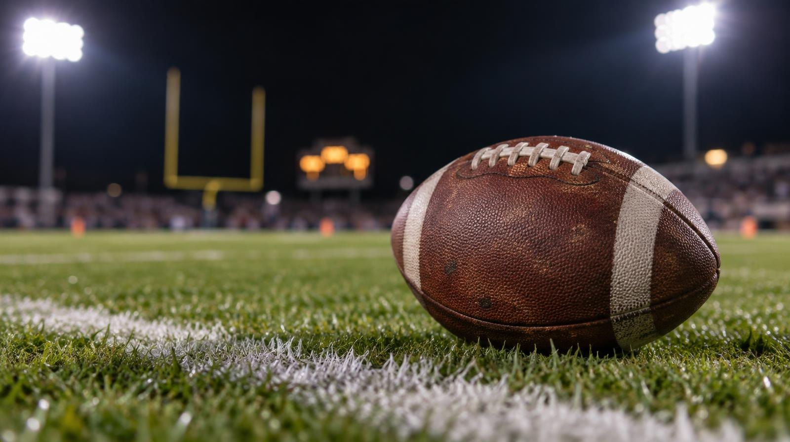An American football resting on a grass field beside a white yard line under stadium lights.