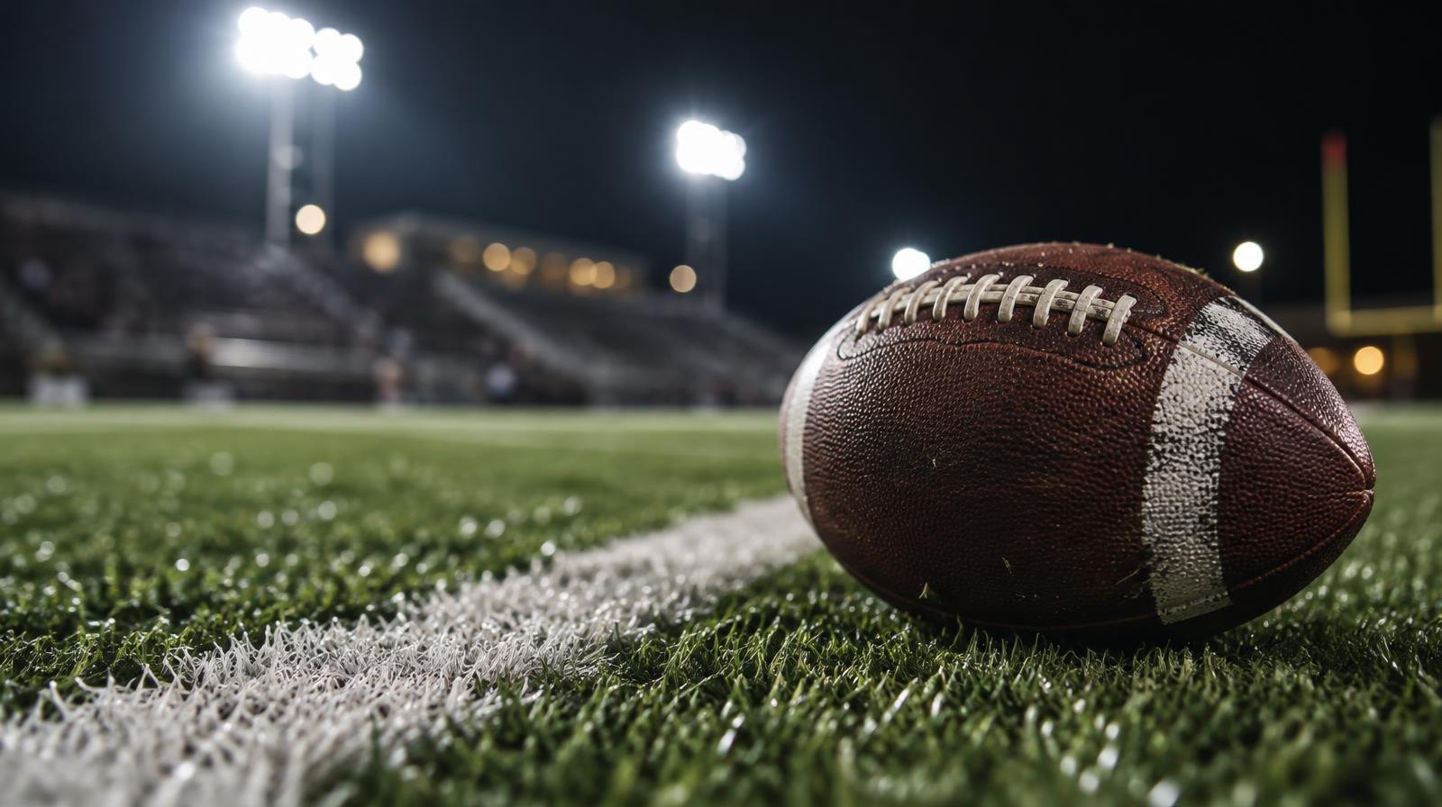 An American football resting on green turf beside a white yard line under stadium lights.