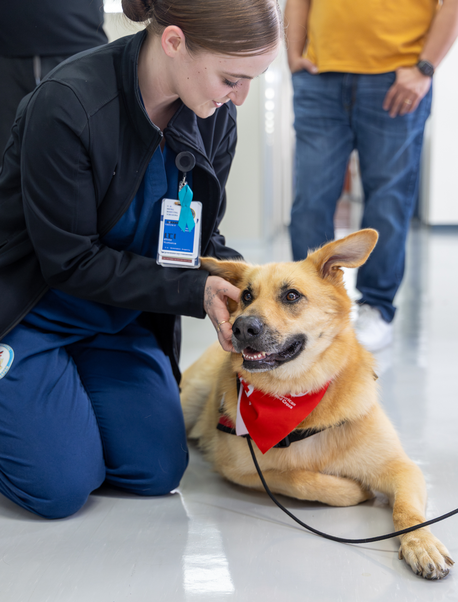 Woman in scrubs kneeling beside a calm golden dog wearing a red bandana on an indoor floor.