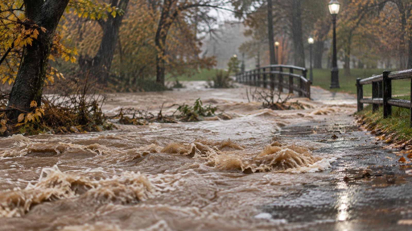Fast-moving brown floodwater from an overflowing creek rushes across a paved path in a park.