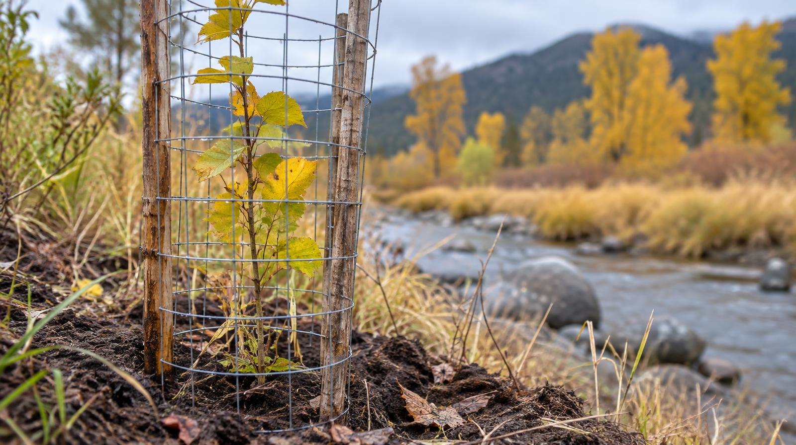 A small tree sapling in a wire cage planted beside a clear mountain creek.