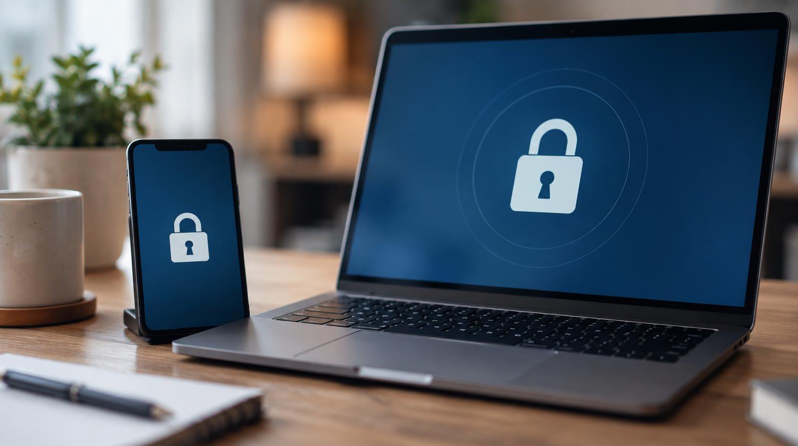 A smartphone and laptop computer side by side on a desk with a padlock icon on screen.