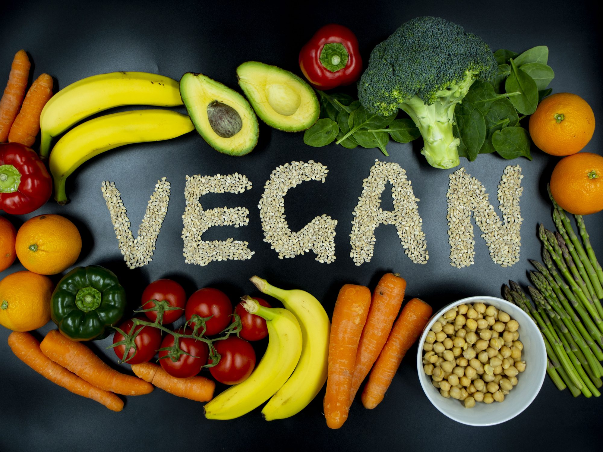 The word "VEGAN" surrounded by vegan friendly food.