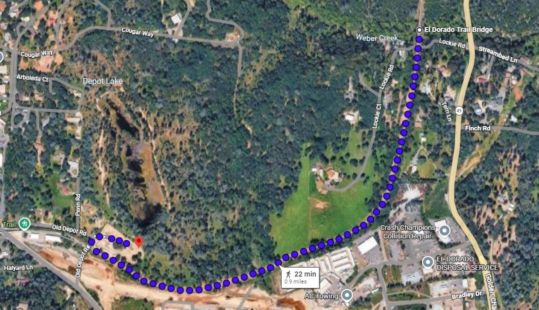 Satellite map with a blue dotted trail route near Old Depot Road and Weber Creek.
