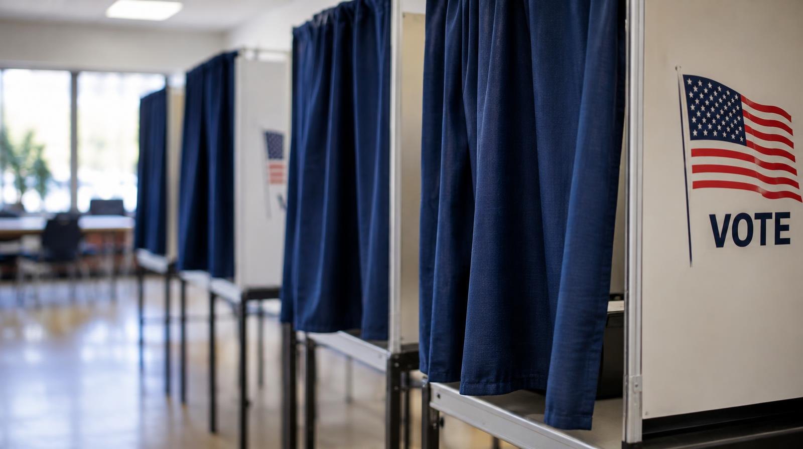 A row of voting booths with privacy curtains in a bright polling place