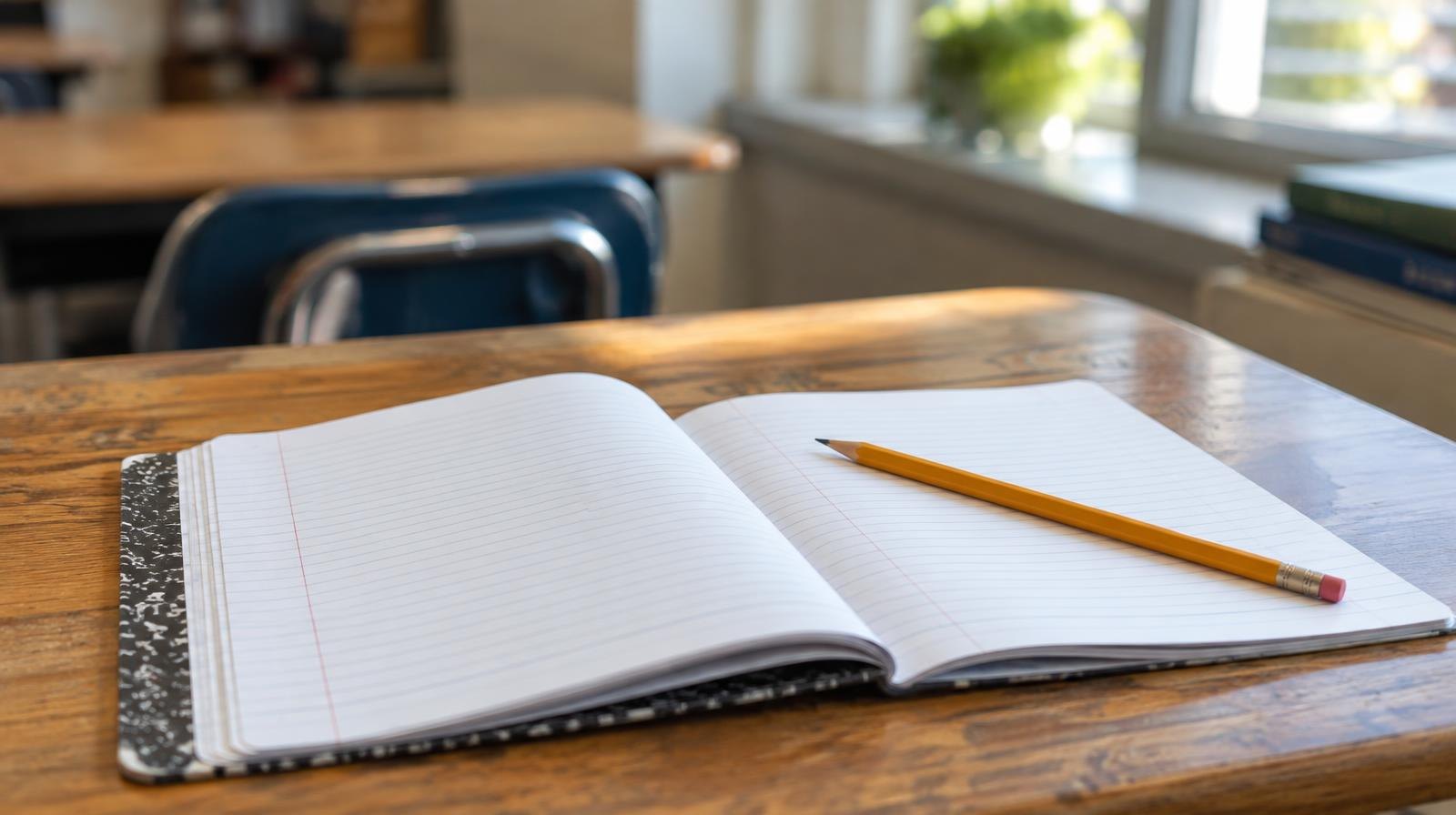Open composition notebook with a pencil resting on a wooden school desk.