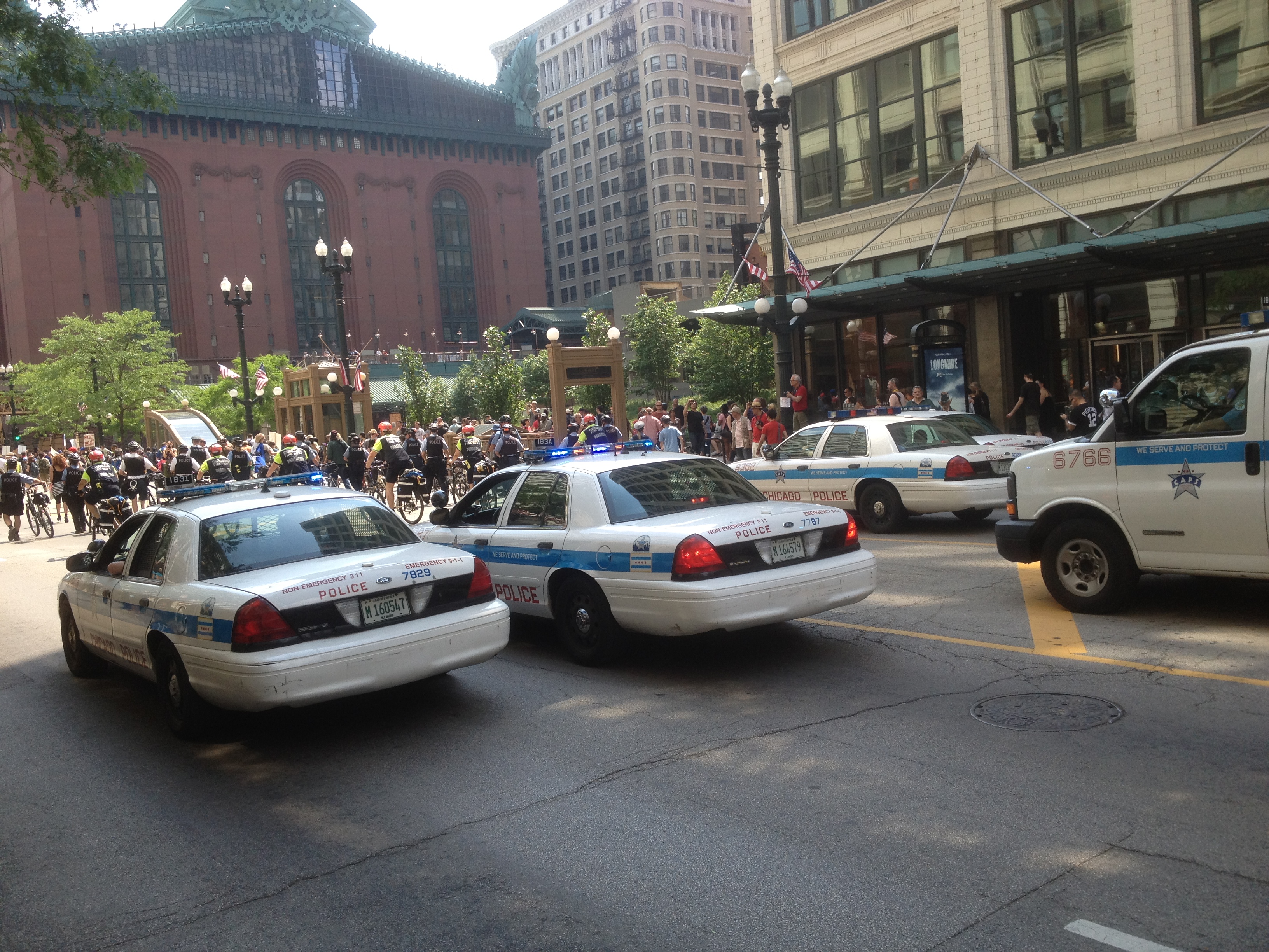 Several police patrol cars parked on a city street with a crowd visible in the background.