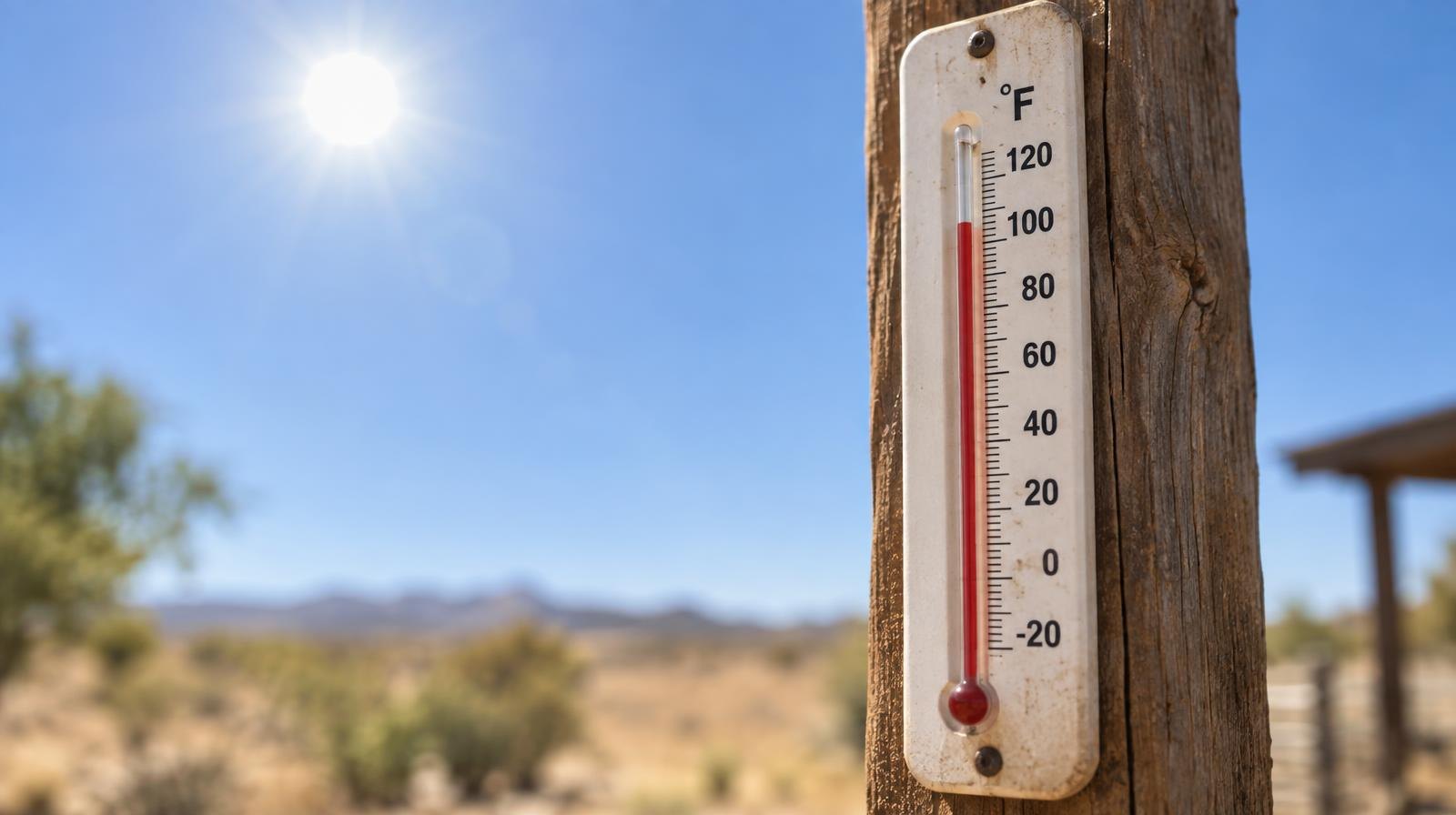 Outdoor thermometer on a wooden post reading near 100 degrees under a bright sun.