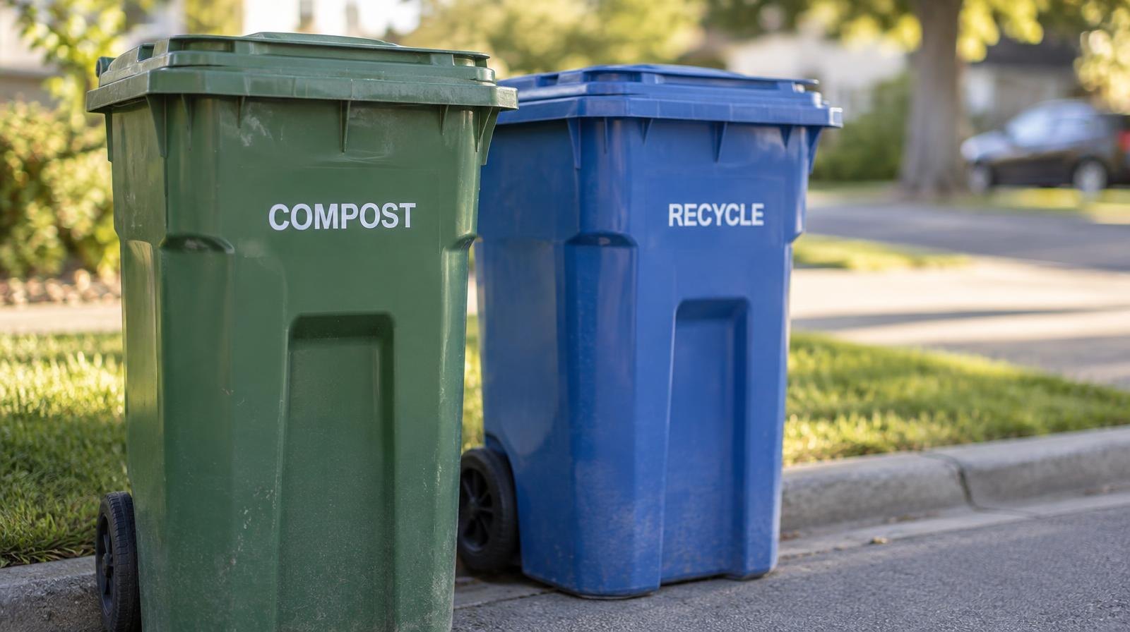 Green compost bin and blue recycling bin on a suburban curb.