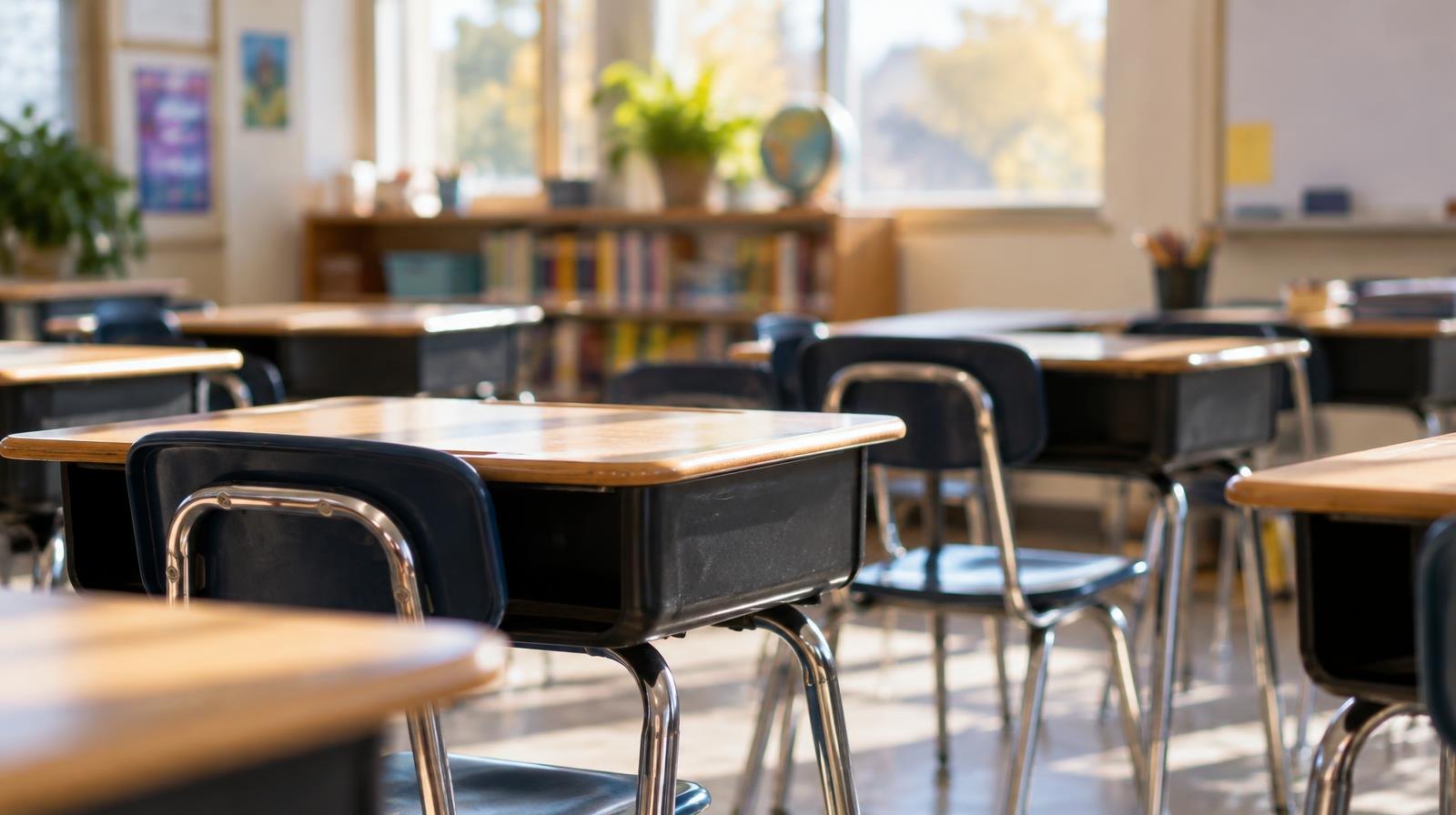 Rows of empty student desks and chairs in a sunlit classroom.