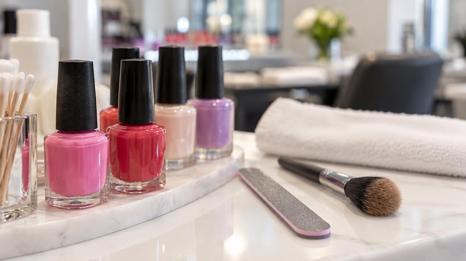Colorful nail polish bottles and a nail file arranged on a white counter.