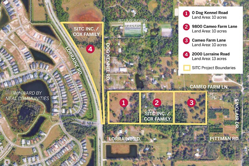 Aerial satellite map with yellow boundary overlays marking four numbered parcels near Lorraine Road in Sarasota County.