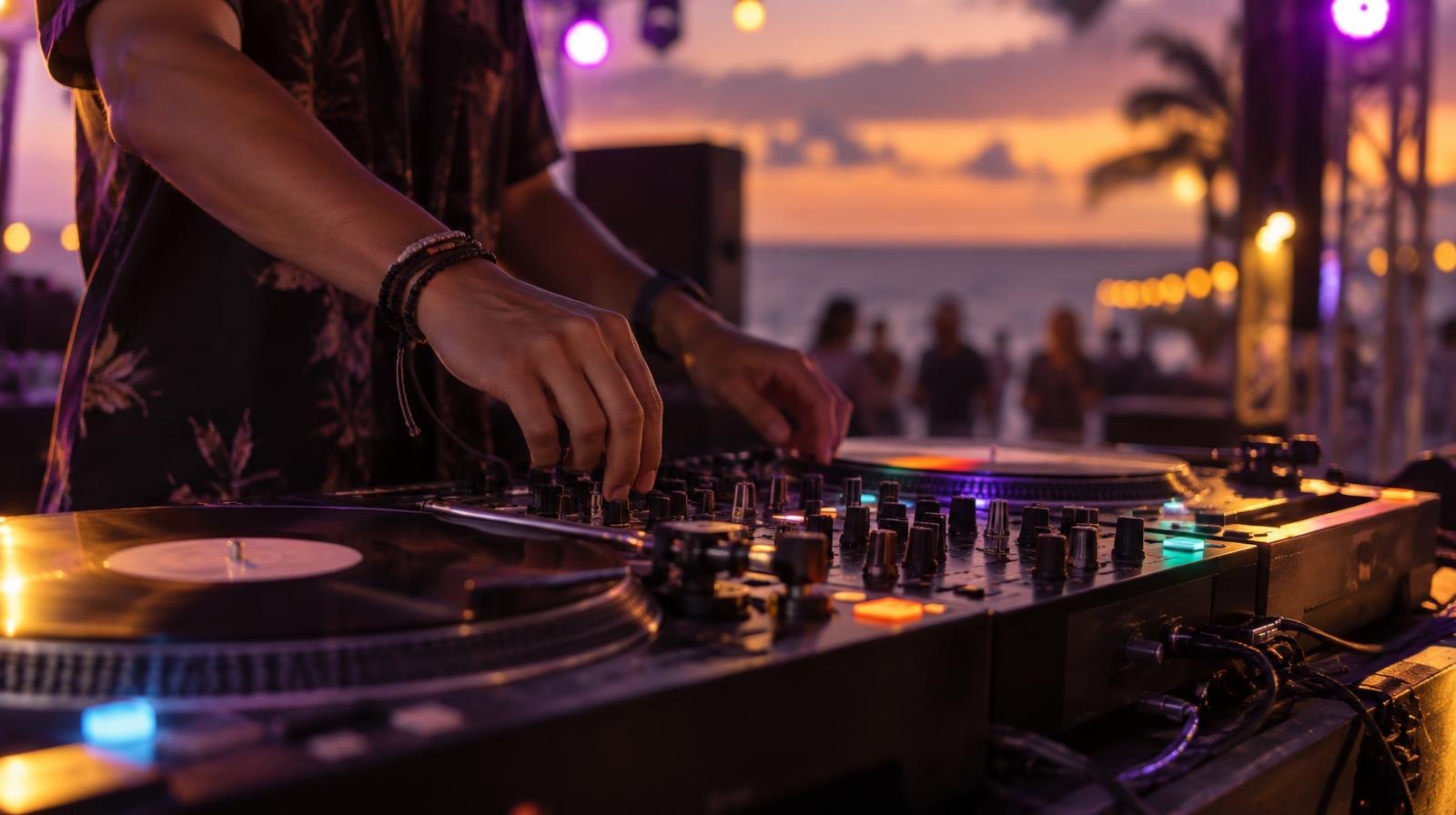 DJ turntables and mixer glowing with colorful lights at an outdoor event at dusk.