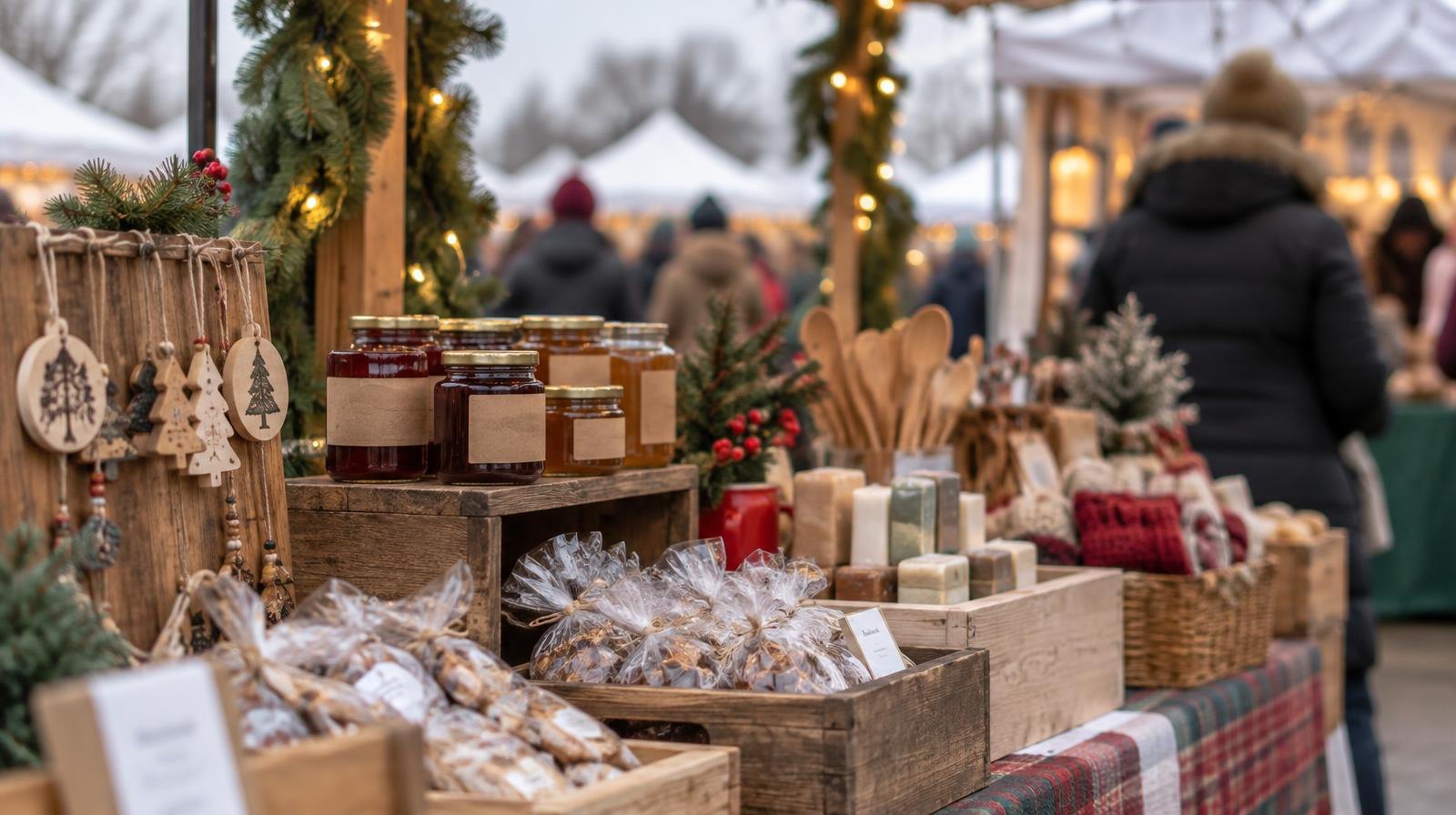 Festive outdoor market booths displaying handmade crafts and baked goods under string lights.