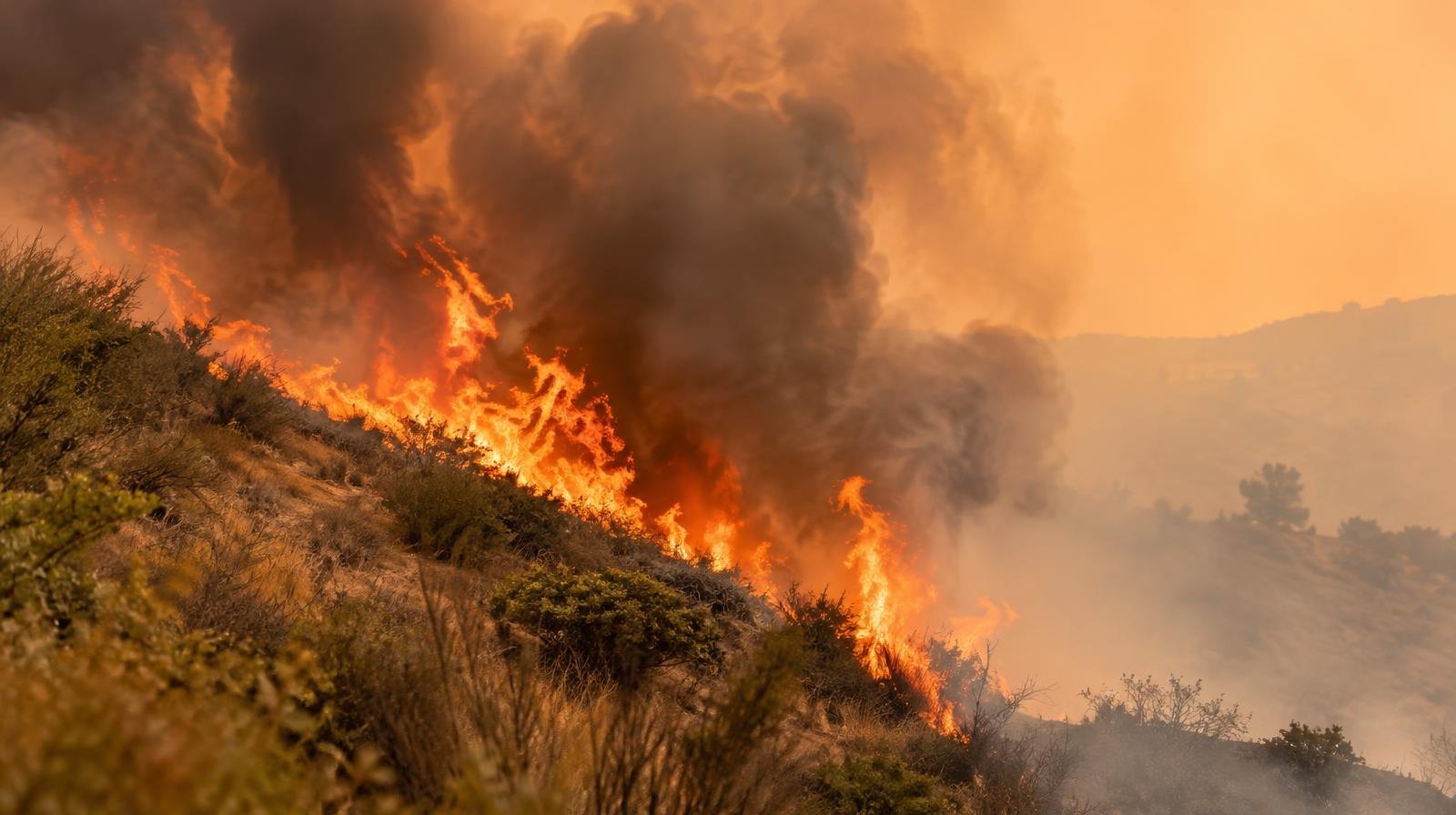Dry chaparral brush burning on a hillside under a hazy orange sky with thick smoke rising.