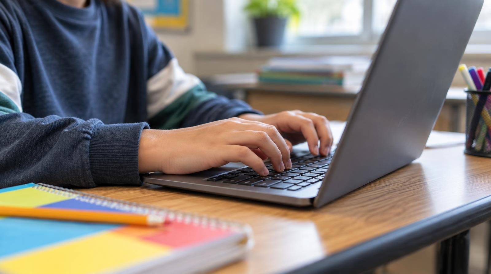 Child's hands typing on a laptop keyboard at a school desk with a notebook nearby.