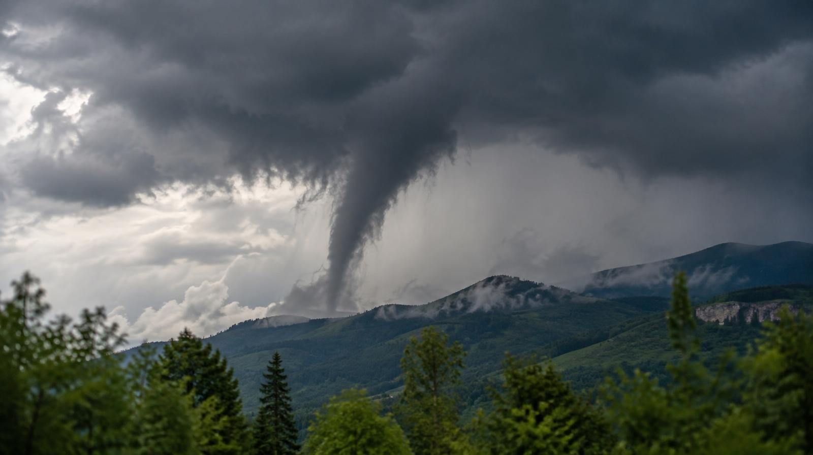 Dark funnel cloud dropping from storm clouds toward green forested mountains.