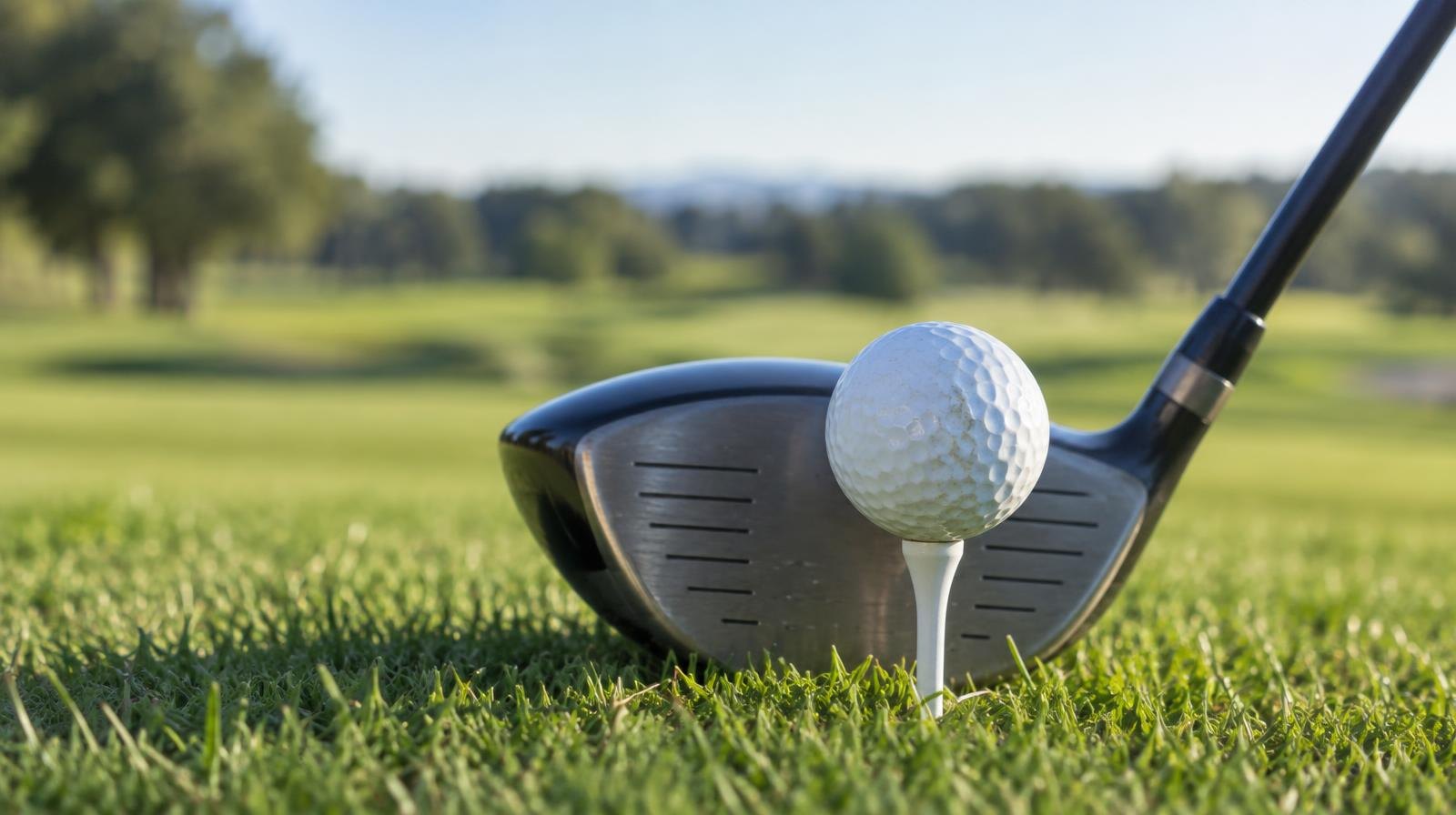 A golf ball on a tee with a driver club head behind it, green fairway in the background.
