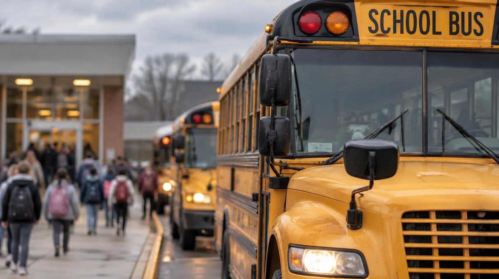 Yellow school buses parked in a line outside an elementary school entrance in the afternoon.