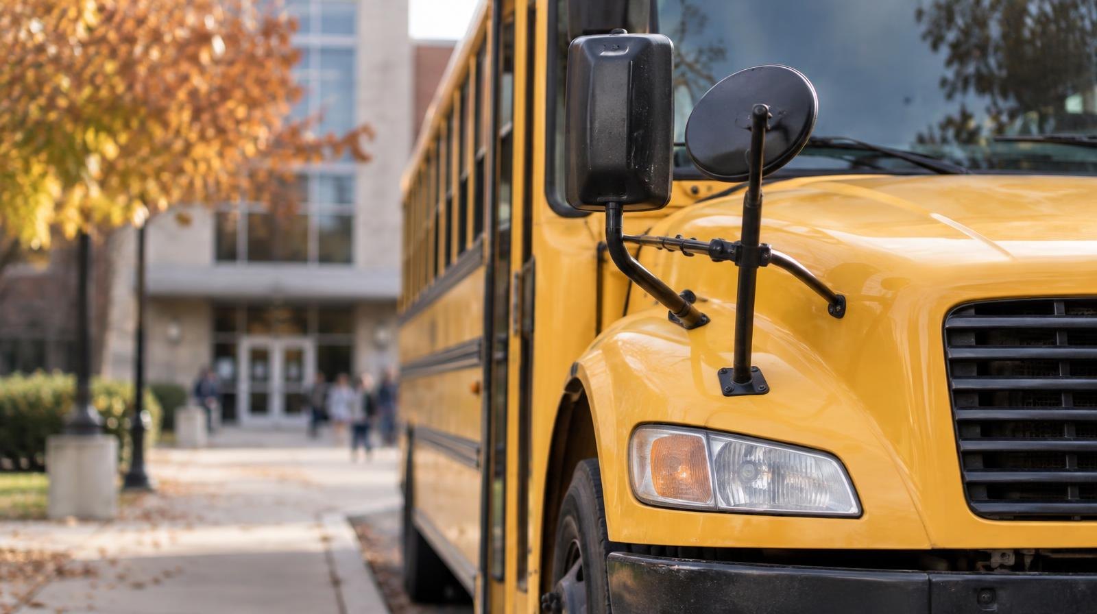 A yellow school bus parked at a curb near a building entrance on an autumn day.