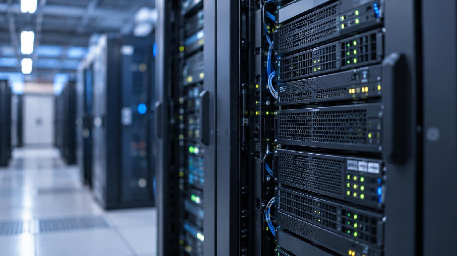 Rows of black server racks with blinking indicator lights in a large data center.