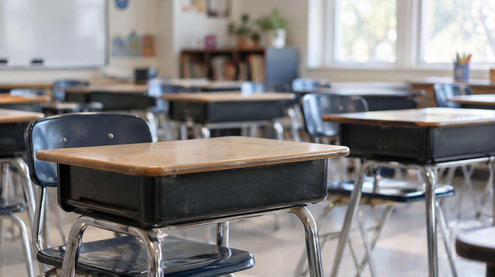 Rows of empty student desks in a sunlit school classroom.