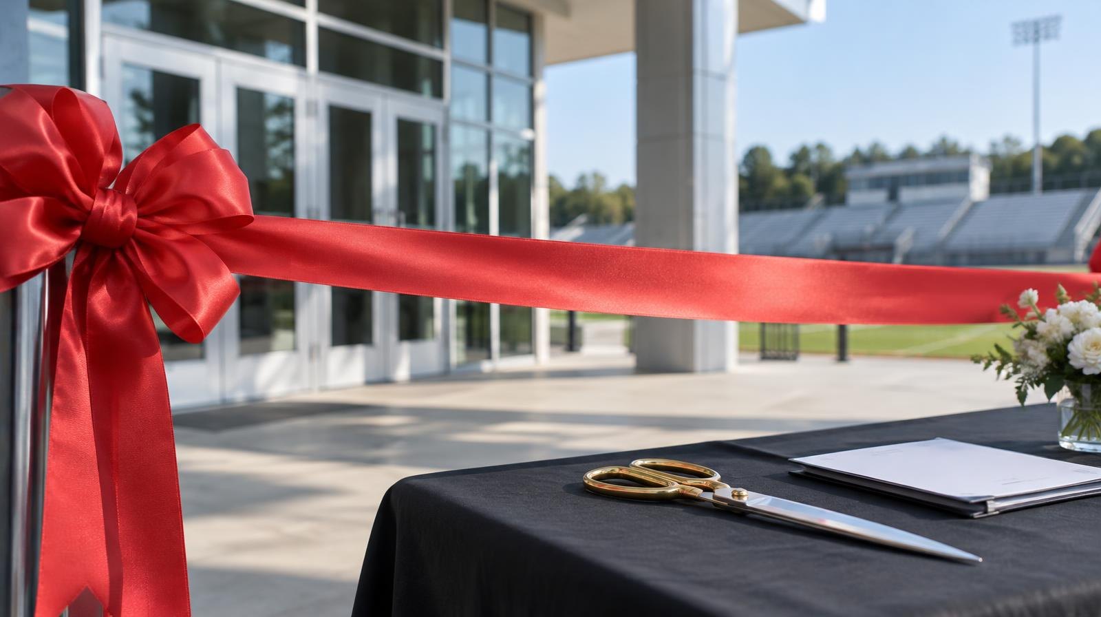 A large red ribbon stretched across a stadium entrance with scissors on a nearby table.