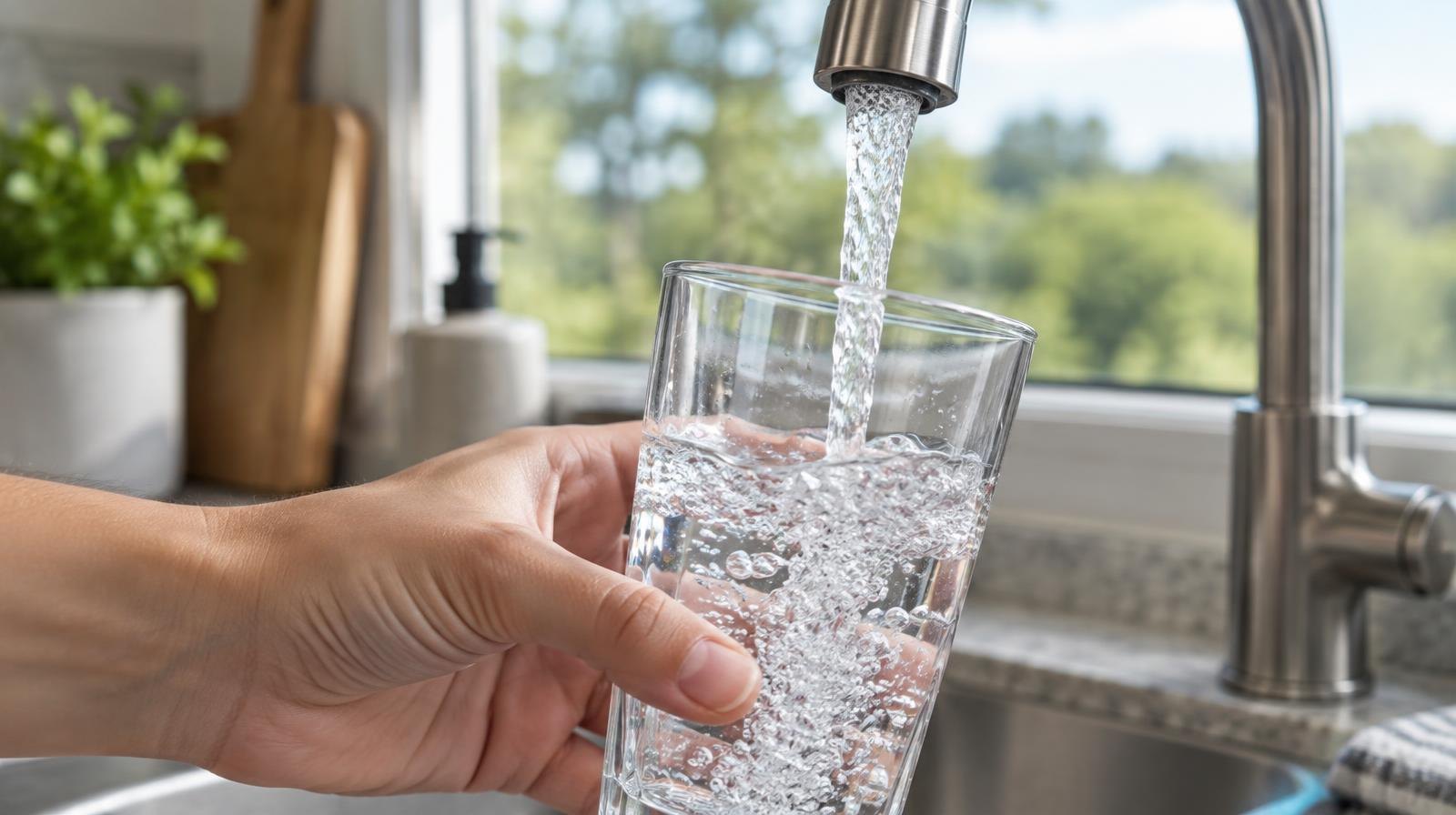 A clear glass being filled with water from a kitchen tap.