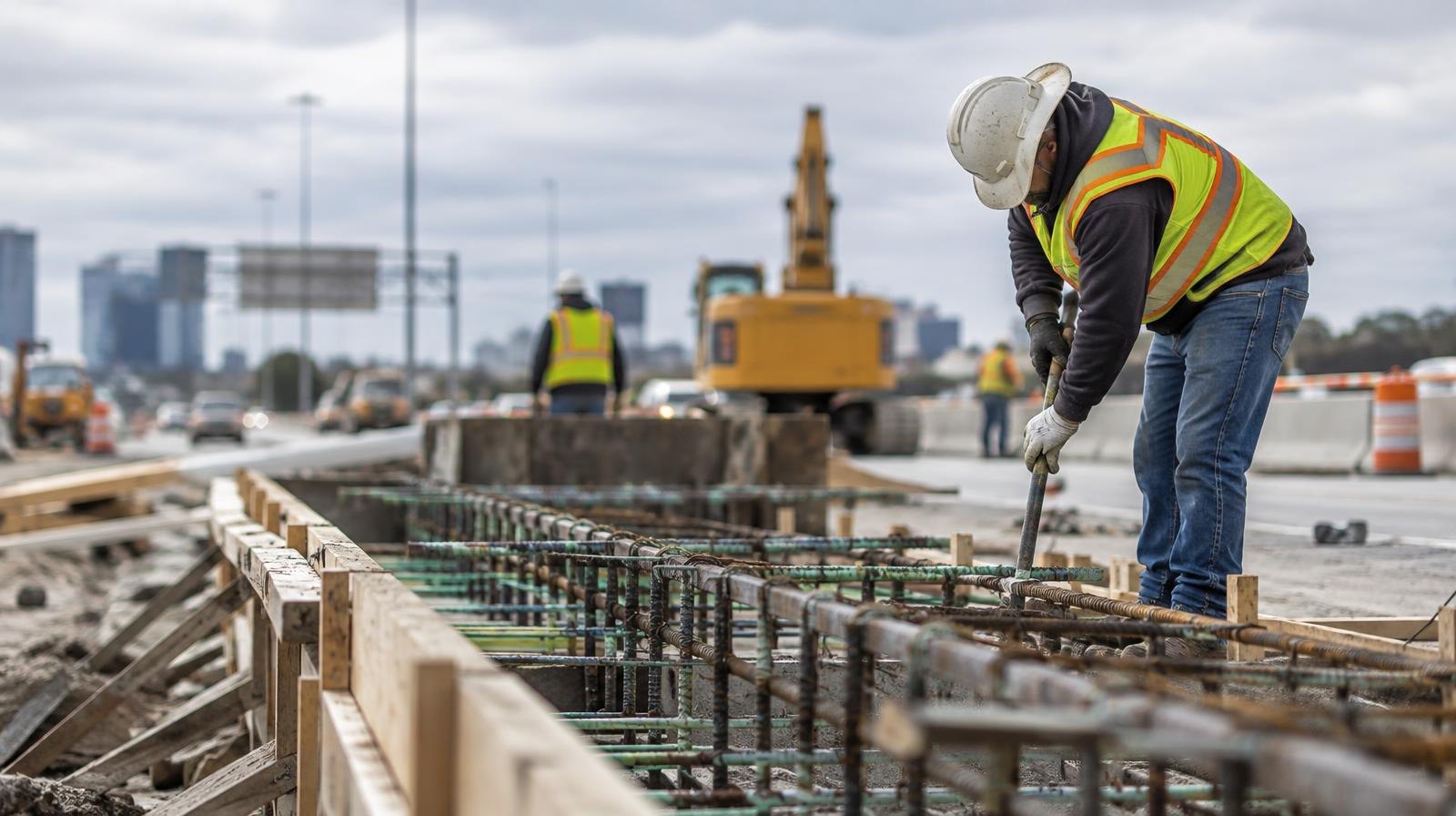 A freeway bridge deck under construction with exposed rebar and concrete forms.