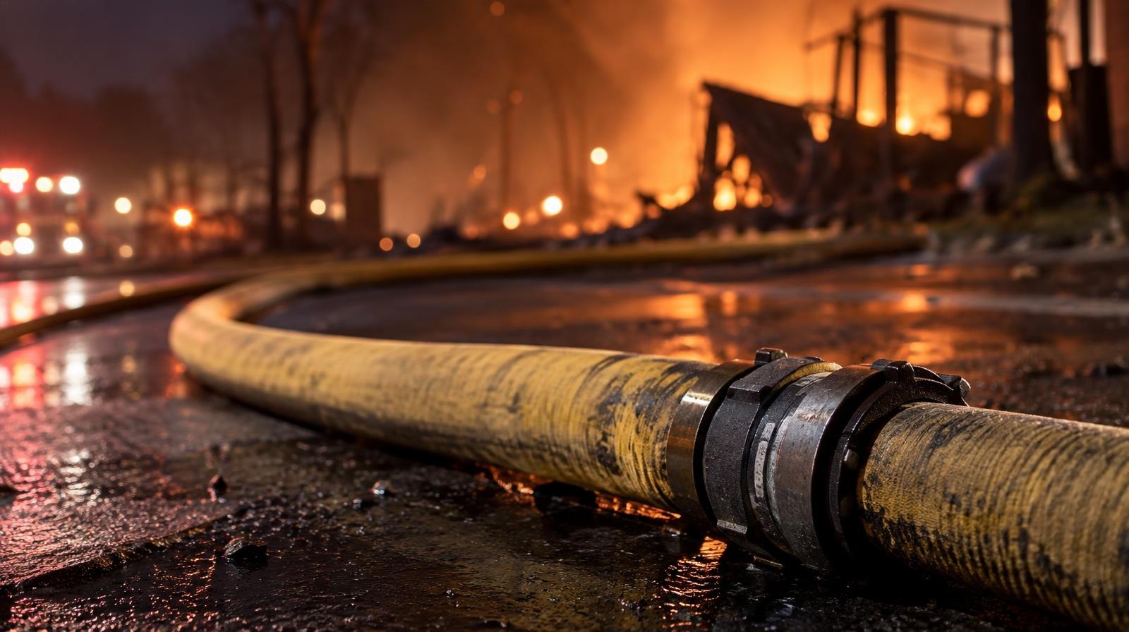 A fire hose lies across dark pavement with orange embers and smoke visible behind it.