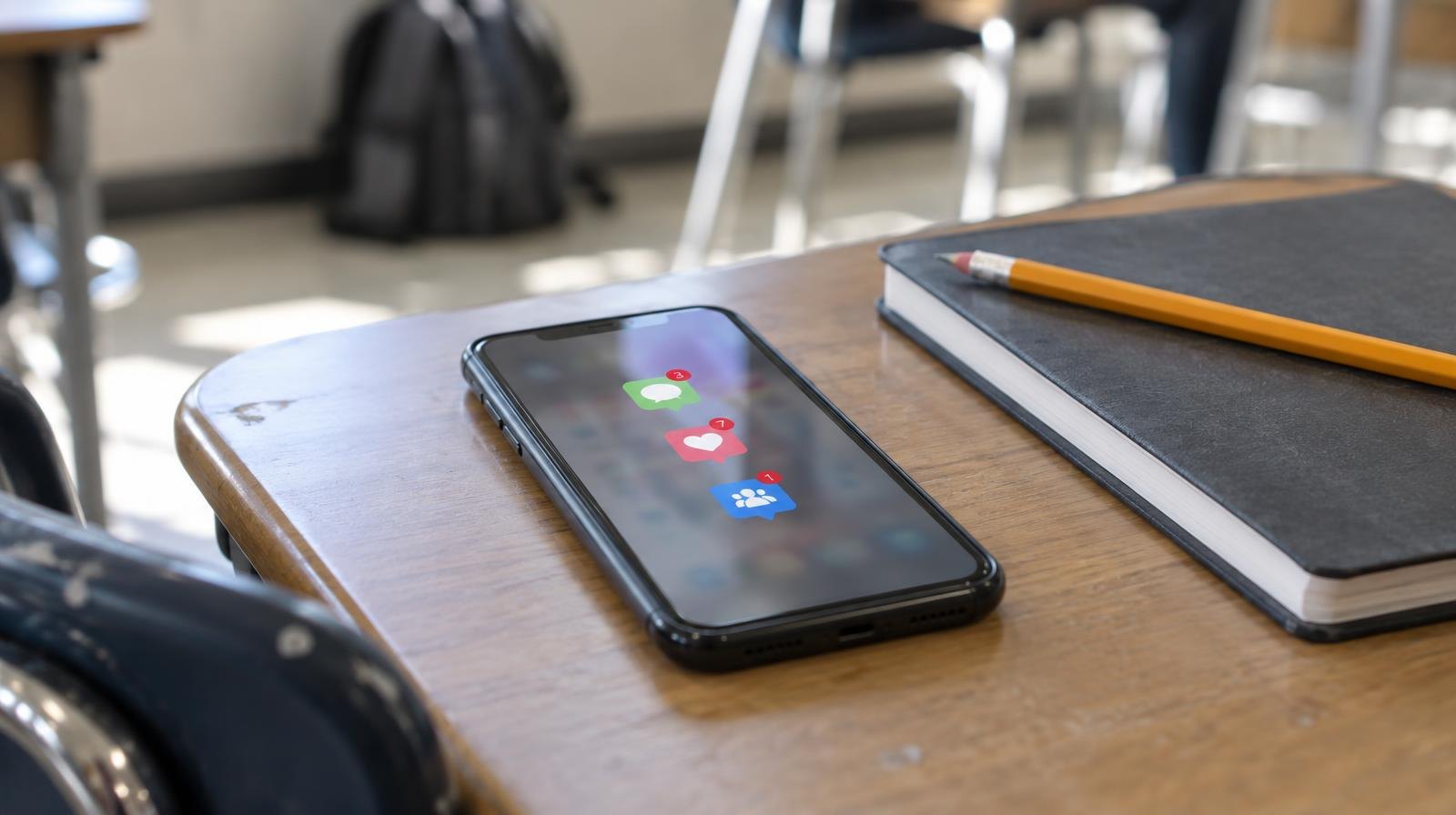 Smartphone face-up on a school desk next to a closed notebook and pencil.