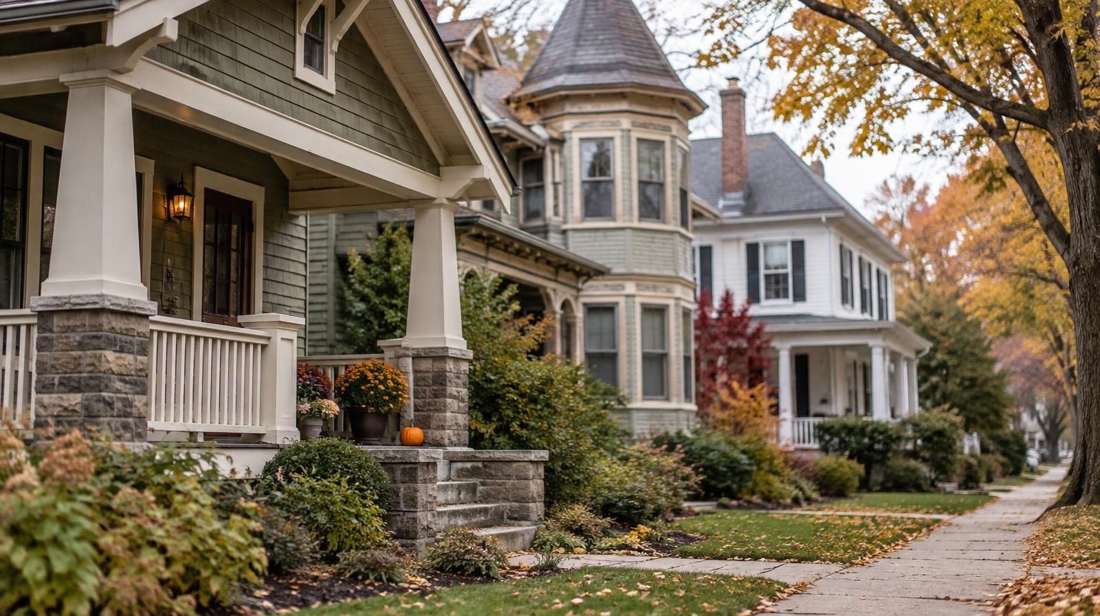 Row of historic-style homes with varied architecture along a tree-lined street in autumn.