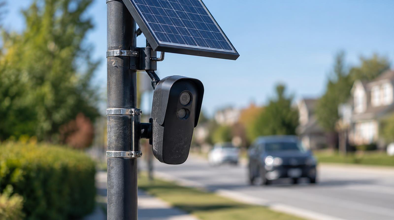 A license plate reader camera on a metal pole with a solar panel aimed at a road.