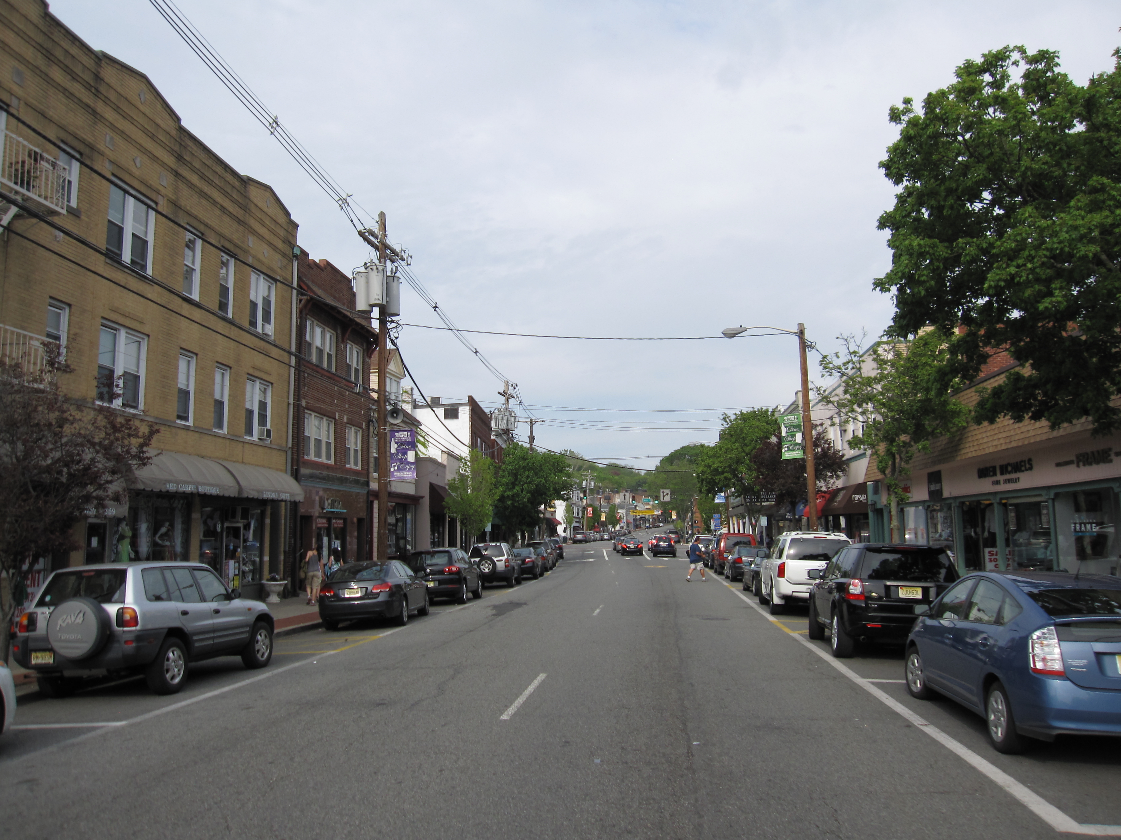 A tree-lined commercial street with parked cars and storefronts on both sides.