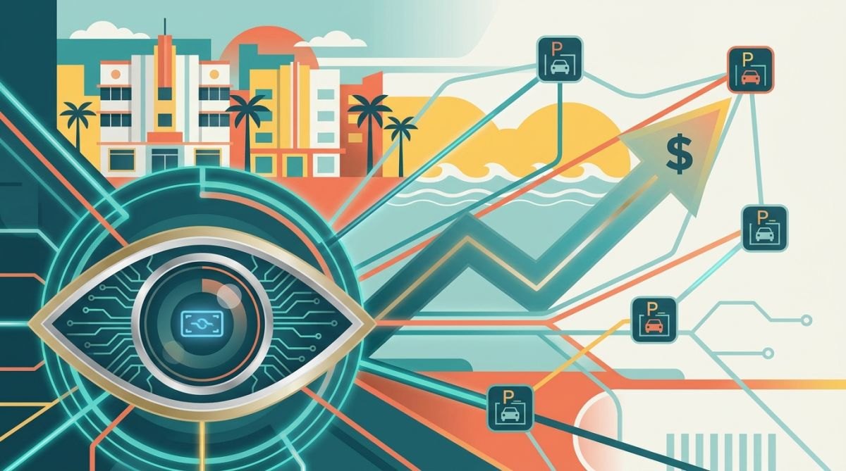Stylized illustration of a surveillance eye with circuitry, parking icons, and a tropical cityscape with palm trees.