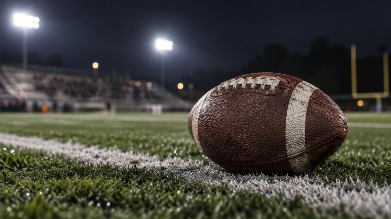 An American football on green artificial turf beside a white yard line under bright stadium lights.
