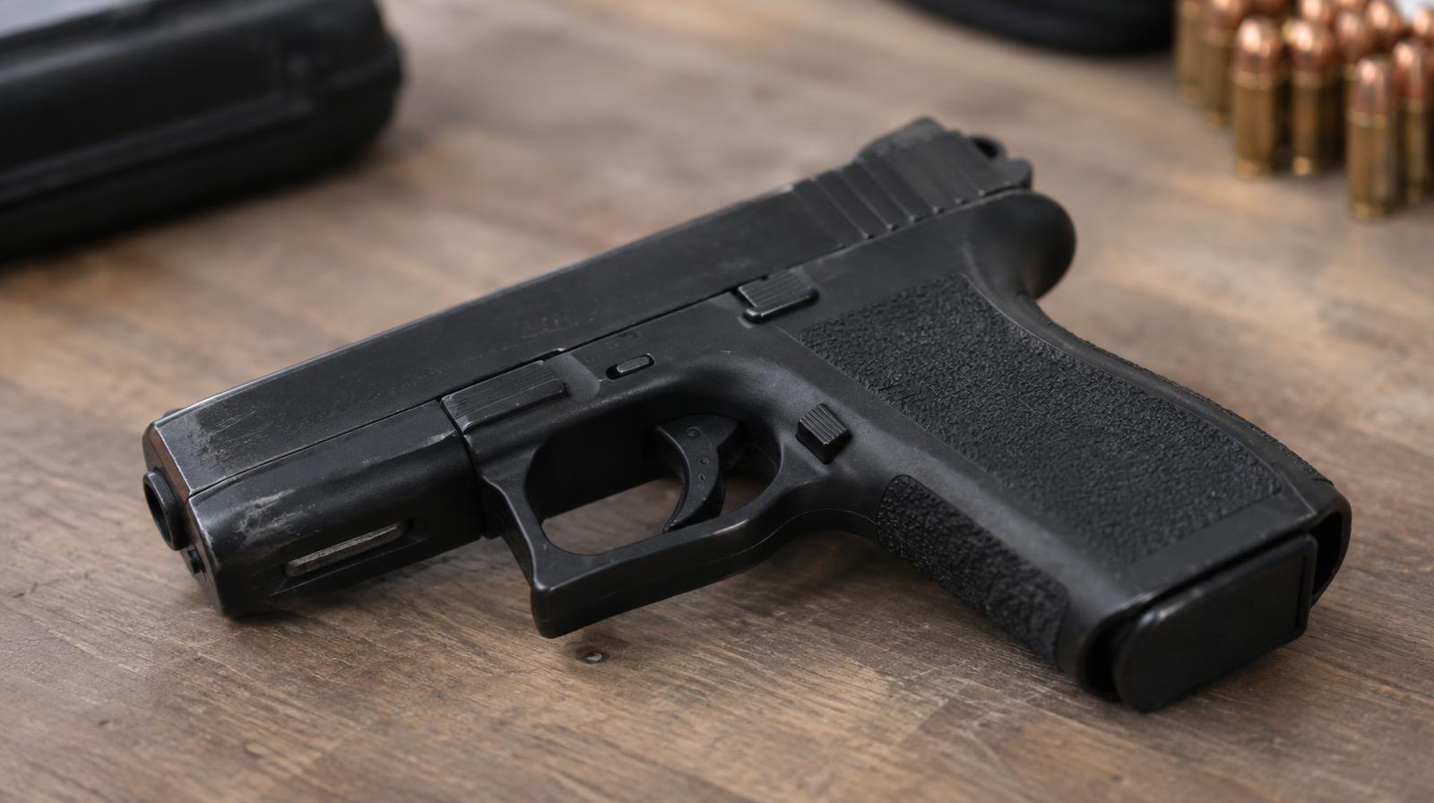 A black semi-automatic handgun resting on a plain surface.