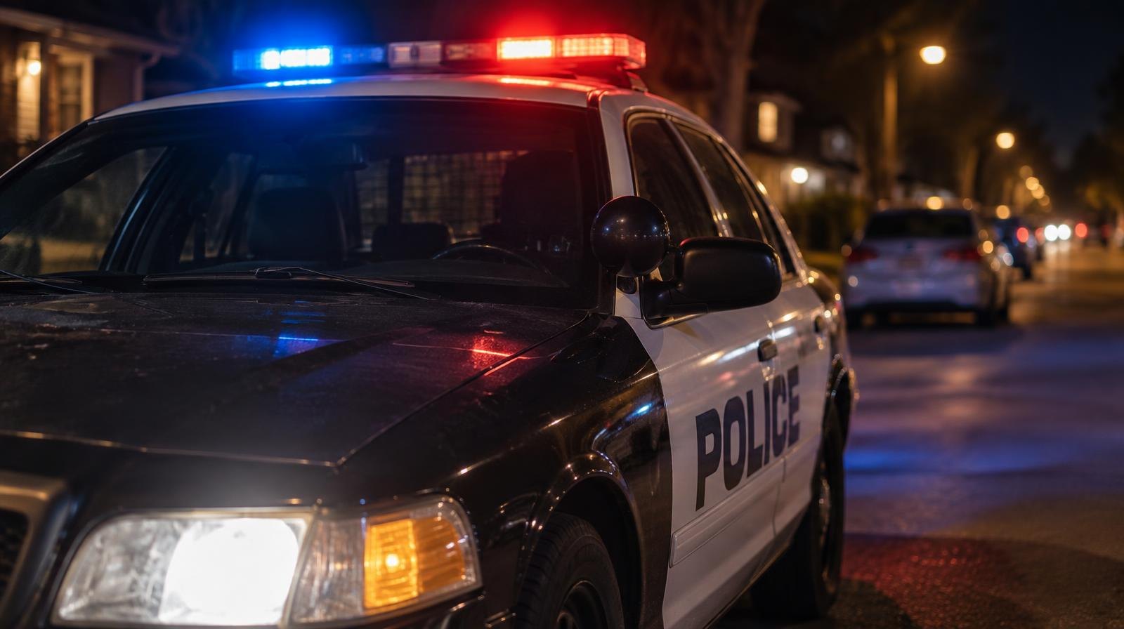 A police patrol car with red and blue emergency lights on, parked at night.