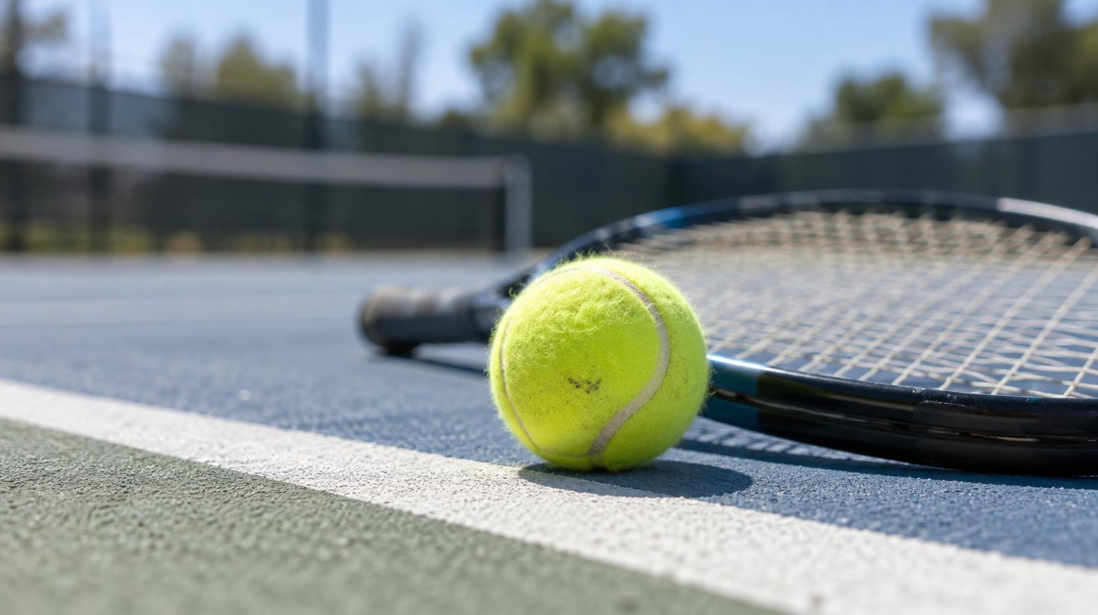 Yellow tennis ball resting on a hard court baseline beside a tennis racket.