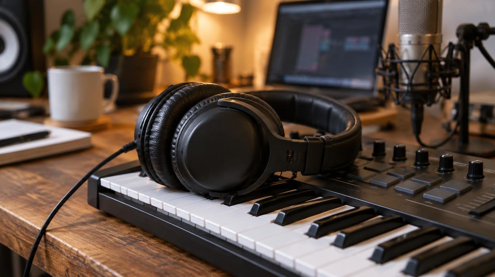 Studio headphones on a MIDI keyboard with a condenser microphone in the background.