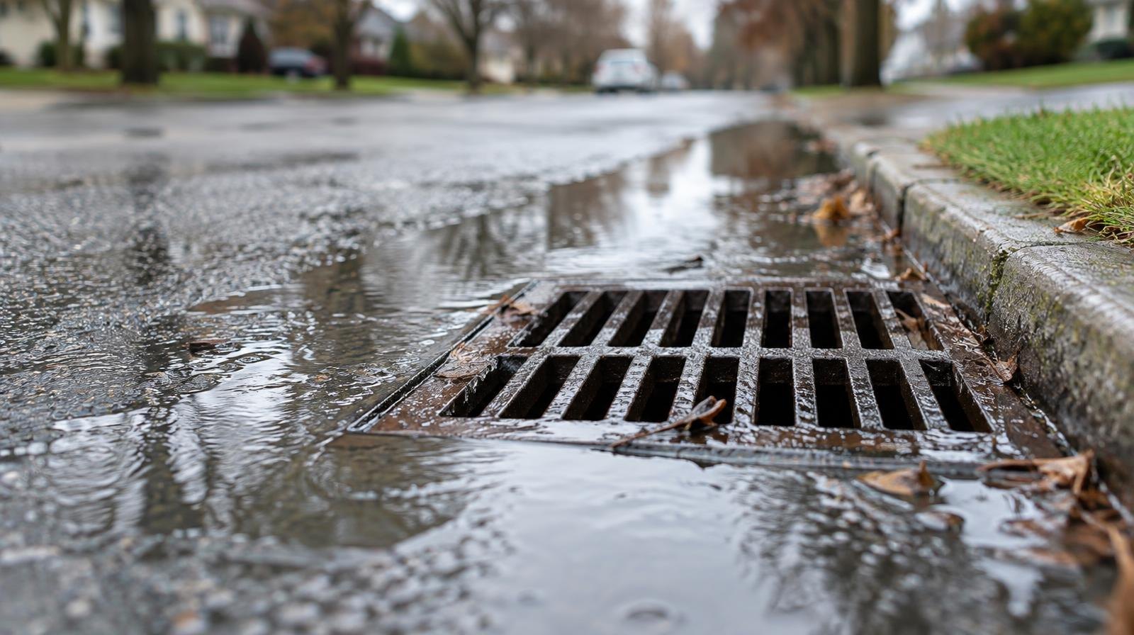 Metal catch basin grate in a wet street with water pooling around it.