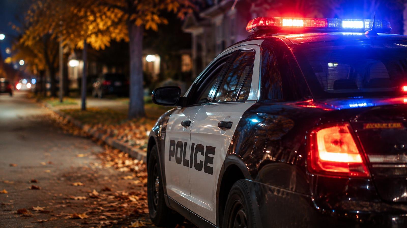 A police patrol car with red and blue emergency lights on a residential street at night.