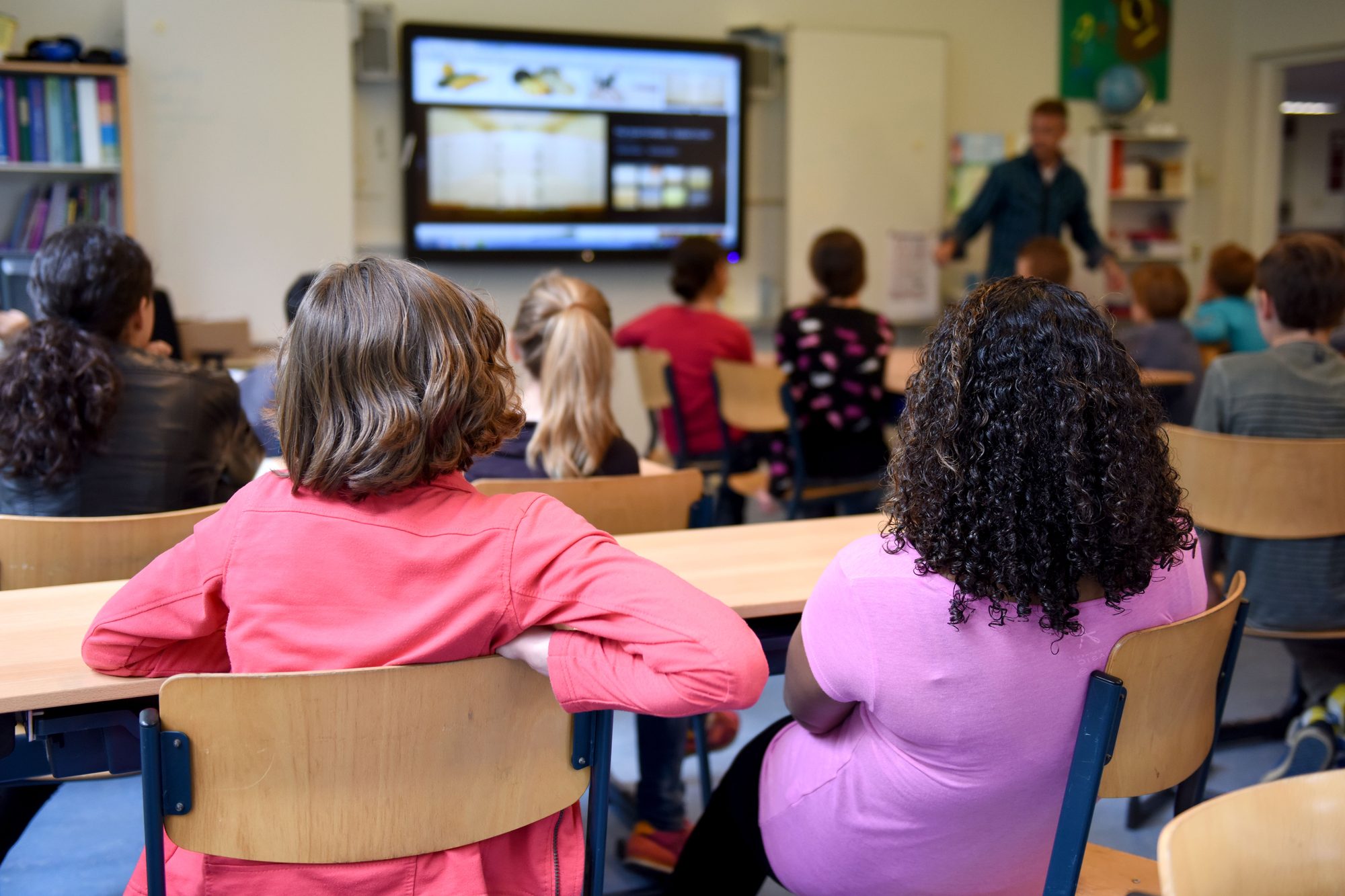Students attentively watching a lesson on a smart board in a colorful classroom.