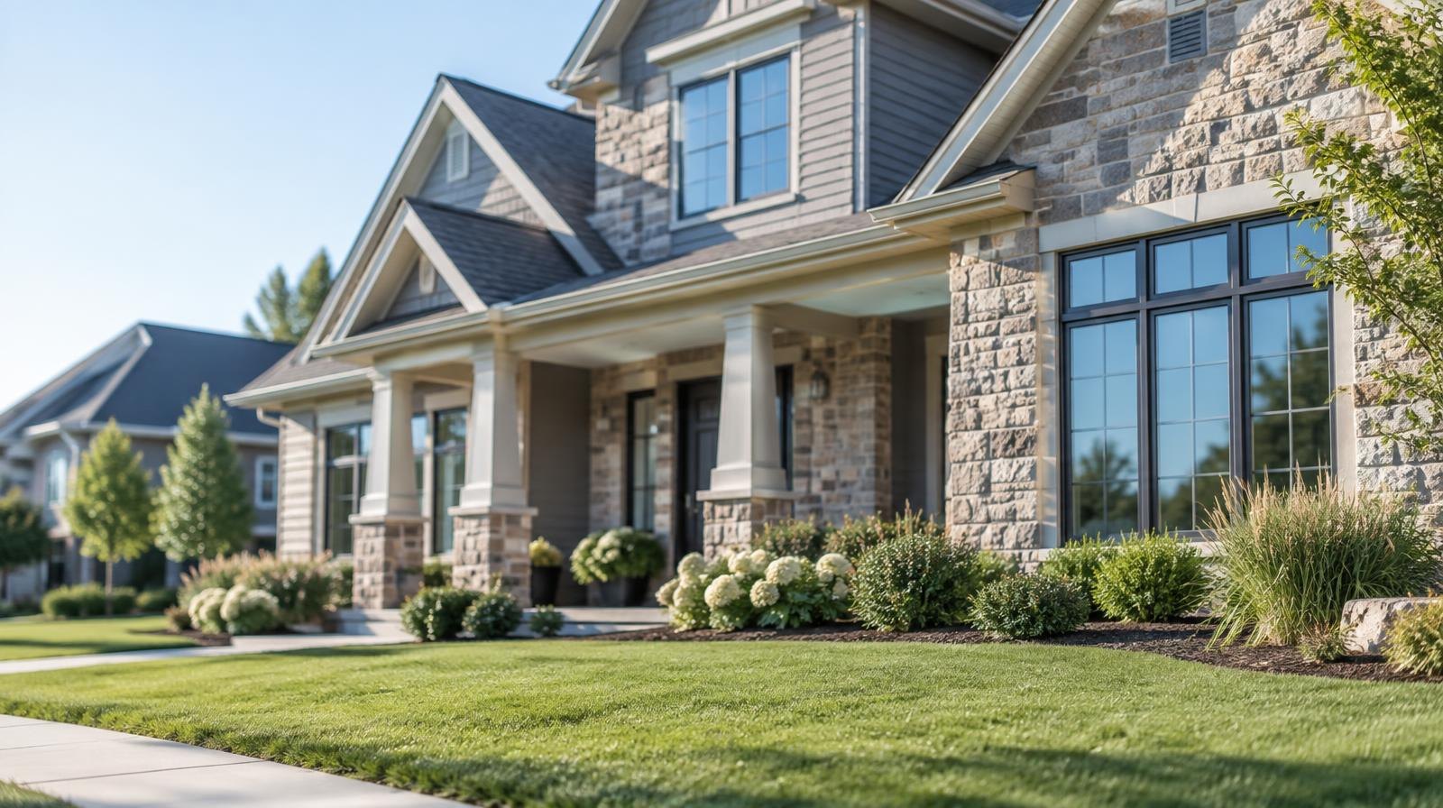 Newly built luxury suburban home with stone facade and large windows.